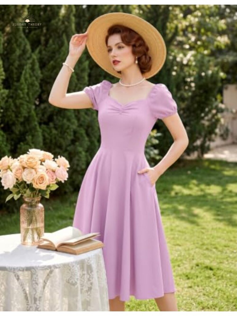 Vintage 1950s Tea Length Cocktail Dress A-Line Boat Neck Short Sleeve Midi